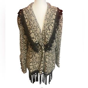 Lolita Lempicka Paris designer blazer boho jacquard brown and cream w tassels M